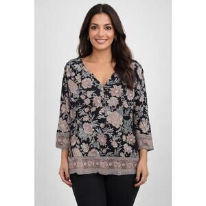 Lucky Brand Women's Black Brown Floral Paisley Hi/Lo Boho Tunic, 2X